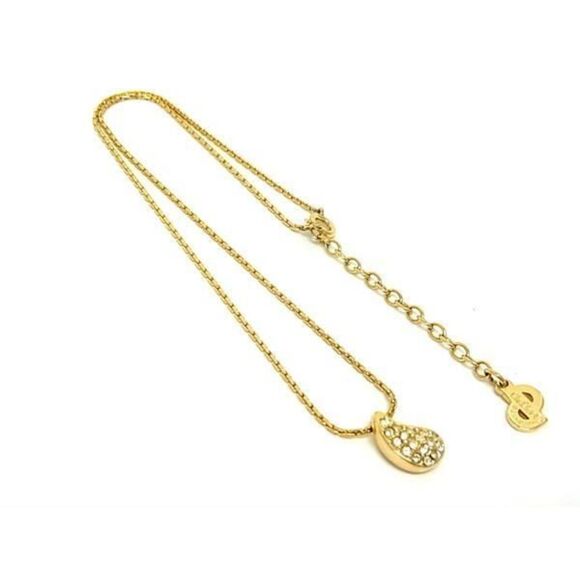 Christian Dior (Authentic) Vintage Gold & Rhinestone Tear Drop Charm Necklace - Picture 1 of 4